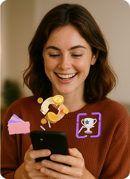 Mujer sonriente mirando su celular mientras usa un programa de lealtad digital.