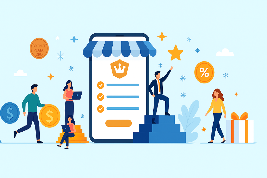 Programa de lealtad digital con IA mostrando usuarios acumulando puntos, canjeando recompensas y usando apps móviles en una plataforma omnicanal.