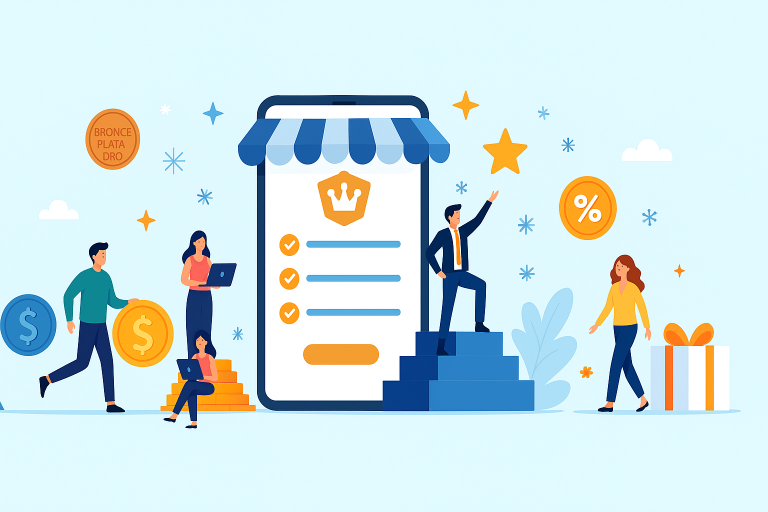 Programa de lealtad digital con IA mostrando usuarios acumulando puntos, canjeando recompensas y usando apps móviles en una plataforma omnicanal.