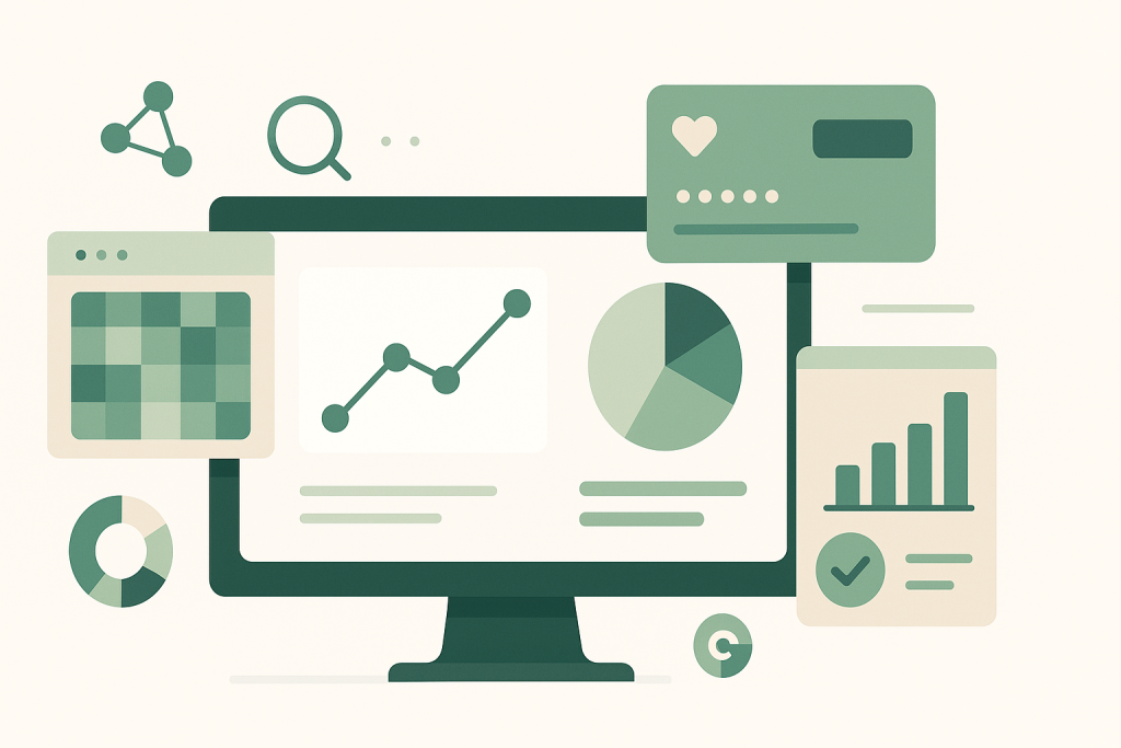 Visualización digital del análisis de datos en programas de lealtad, con dashboards, gráficas y tarjetas flotantes en estilo moderno y profesional.