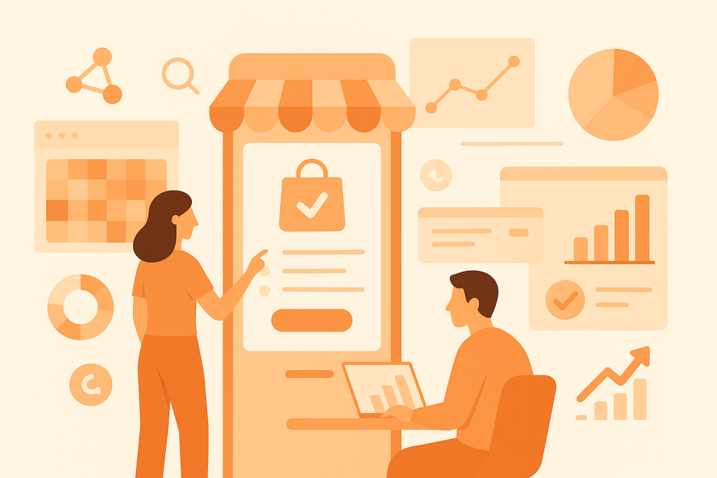 Kiosco digital con gráficas y dashboards que muestran eficiencia en pedidos y aumento de ventas