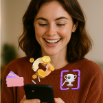 Mujer sonriente mirando su celular mientras usa un programa de lealtad digital.