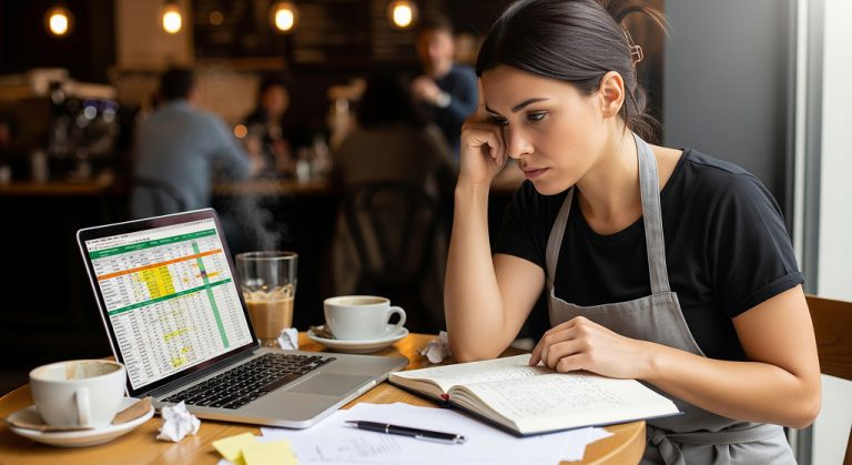 Mujer con delantal revisando datos en una laptop y libreta, preocupada por la gestión de su negocio.