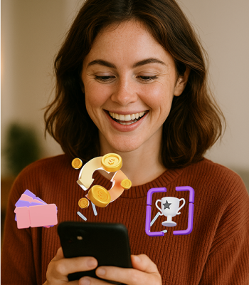 Mujer sonriente mirando su celular mientras usa un programa de lealtad digital.